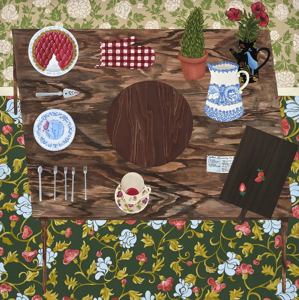 Folk art painting of a dining table with strawberries, dishes, cutlery, a pitcher, cup, plant, and floral cloth