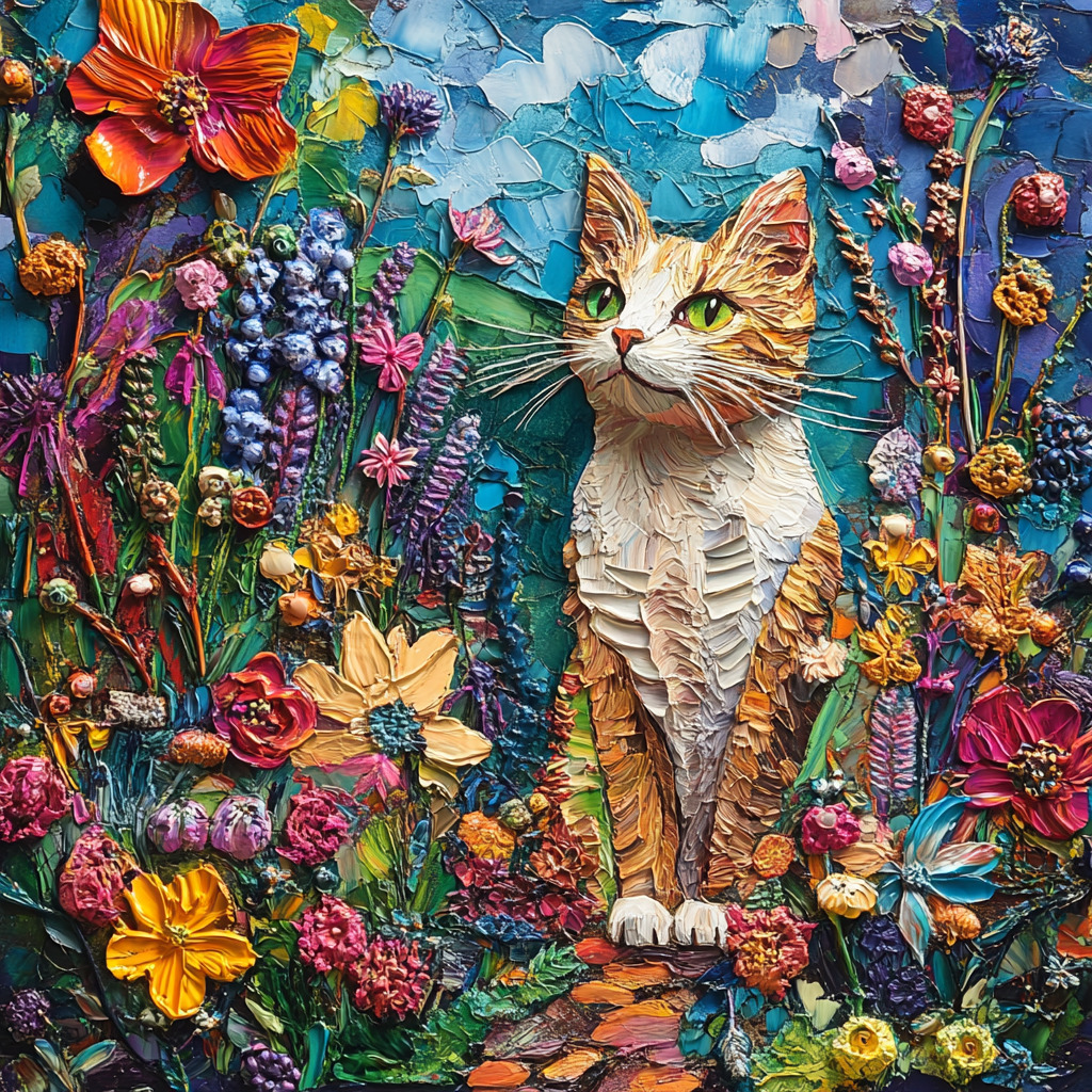 Orange tabby cat sitting among colorful flowers and butterflies in a decorative garden scene