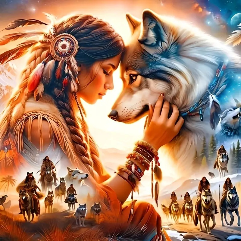 Fantasy illustration of woman with feathered headdress embracing white wolf against golden sunset sky