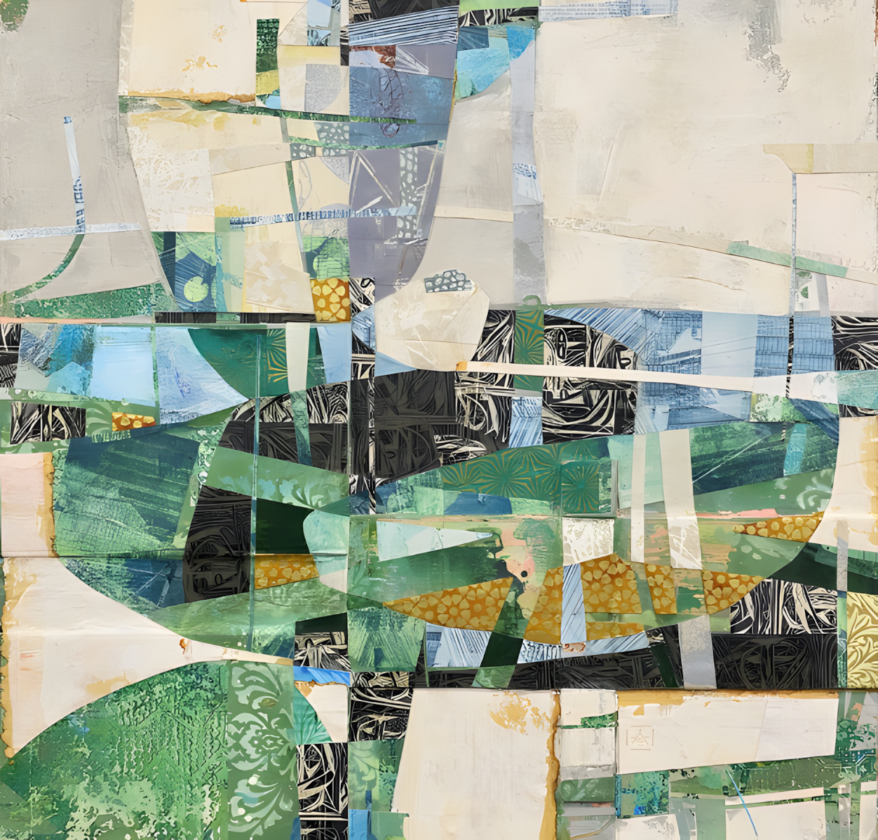 Abstract collage with overlapping geometric shapes in green, blue, and neutral tones with mixed textures and botanical motifs