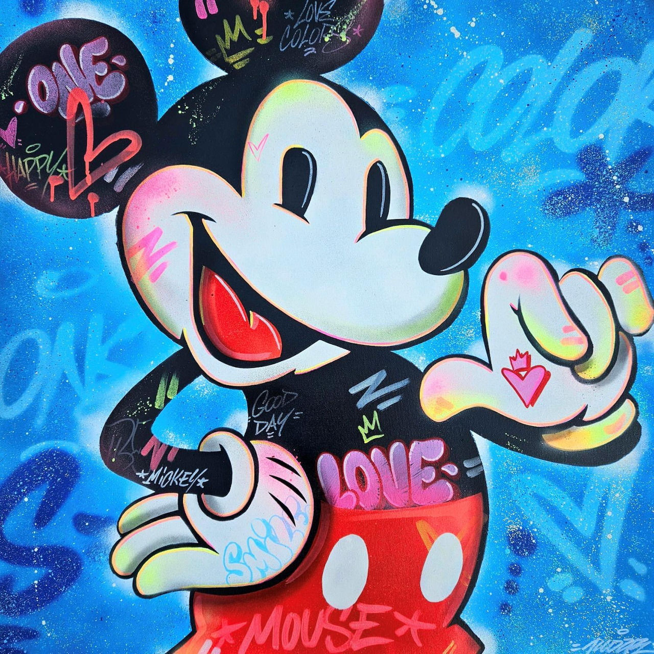 Mickey Mouse pop art illustration with colorful graffiti elements and blue swirled background