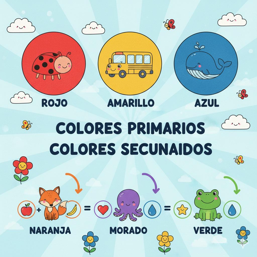 Colorful educational chart showing primary and secondary colors with illustrated animals and objects