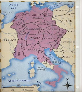 Historical map of medieval Holy Roman Empire showing territories like Saxony, Bavaria, Bohemia, and surrounding nations