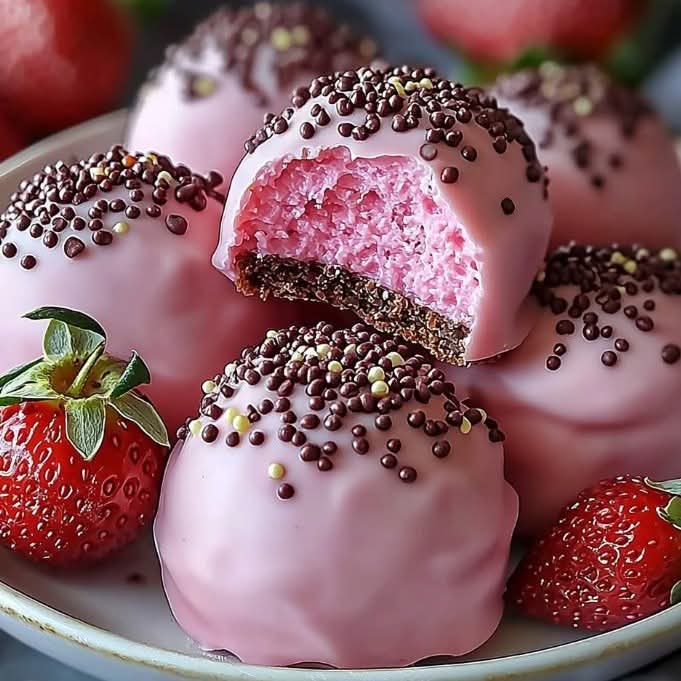 Pink glazed cake pops decorated with chocolate sprinkles, one broken in half, surrounded by fresh strawberries