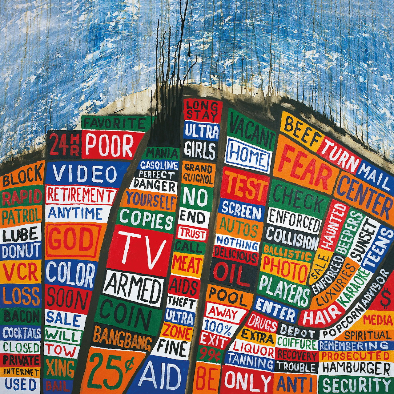Colorful painted collage of boxed words and phrases under a textured blue sky
