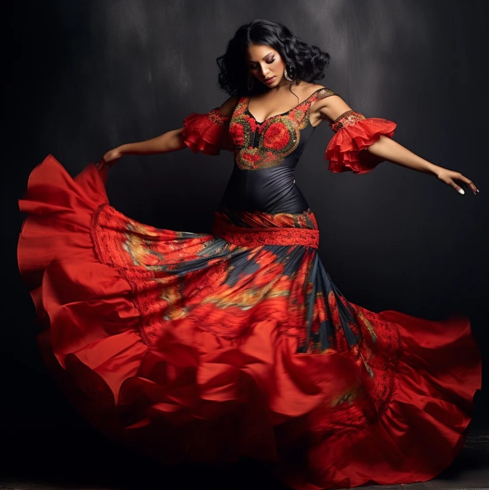 Flamenco dancer in vibrant red dress twirling with arms outstretched on dark background