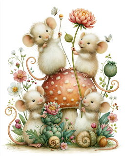 Four white mice on a red spotted mushroom with flowers, butterflies and a snail