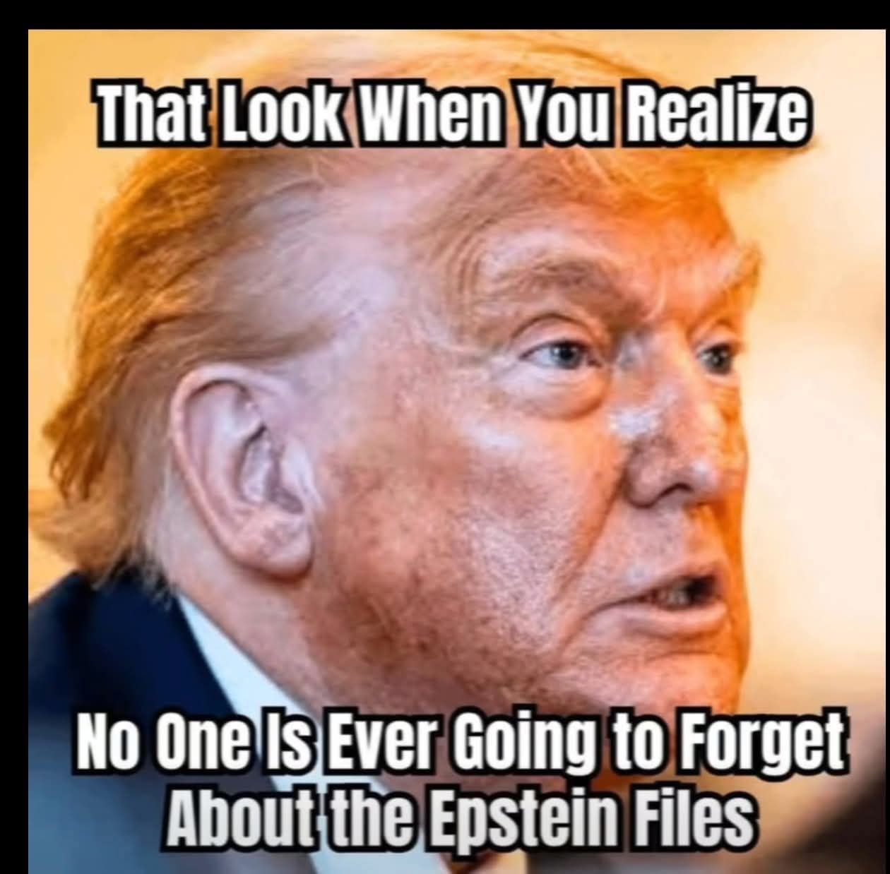 Close-up meme of Donald Trump with bold white text about the Epstein files
