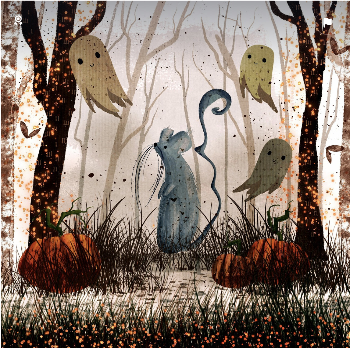 Illustrated mouse in foggy forest surrounded by owls and ferns with birch trees