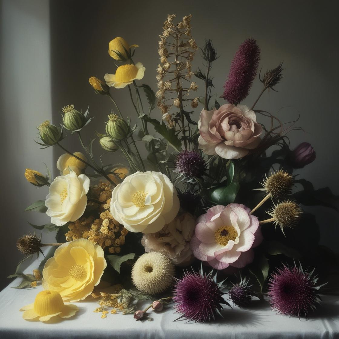 Still life painting of winter flowers with roses, dried botanicals and thistle against dark background