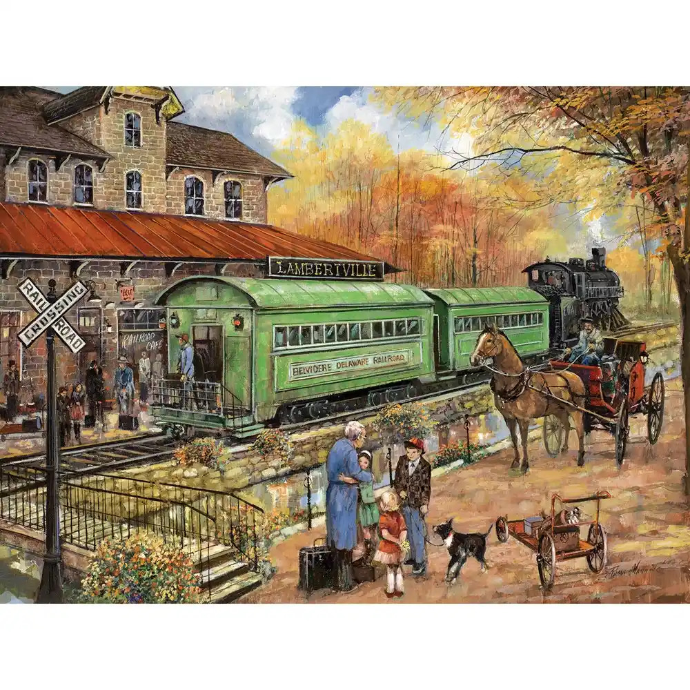 Painting of a vintage train station with a green railcar, horse carriage, people, and autumn foliage