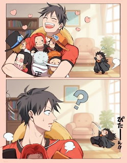 Anime character Luffy hugging plush toys indoors, two-panel manga illustration with soft colors