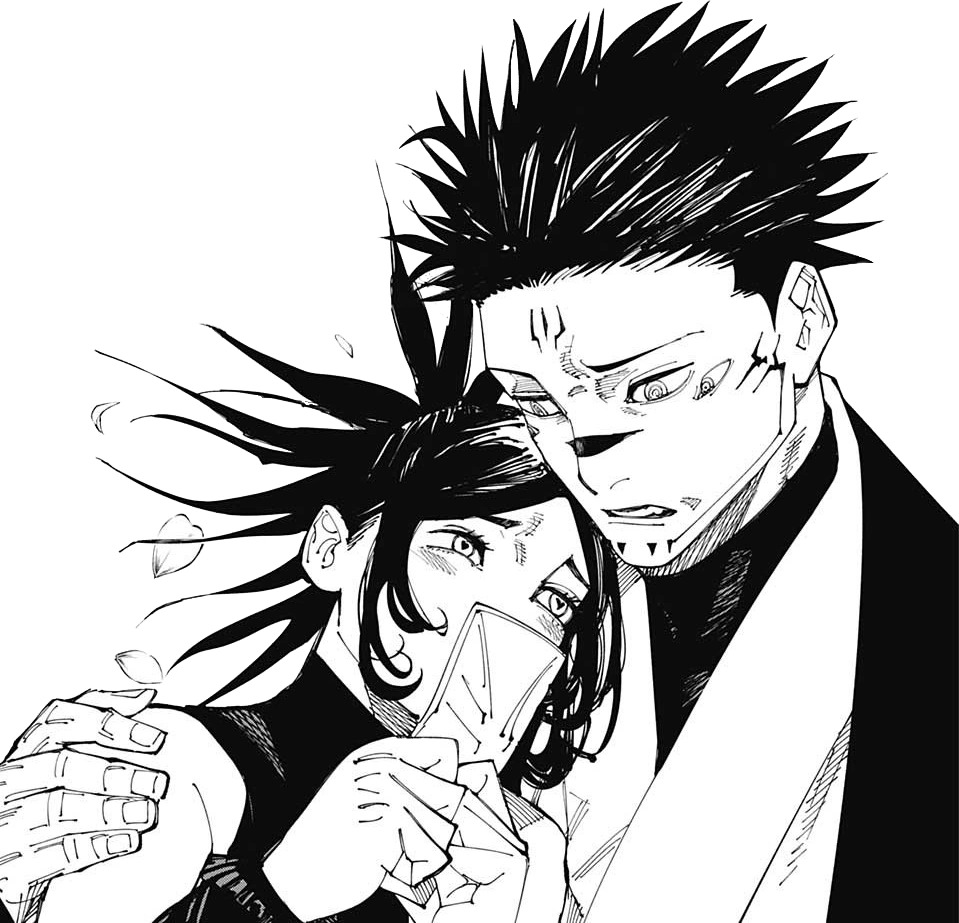 Black-and-white anime drawing of two characters embracing, one holding a small card near their face