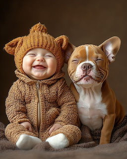 Smiling baby in a brown knit bear outfit sitting next to a brown and white dog