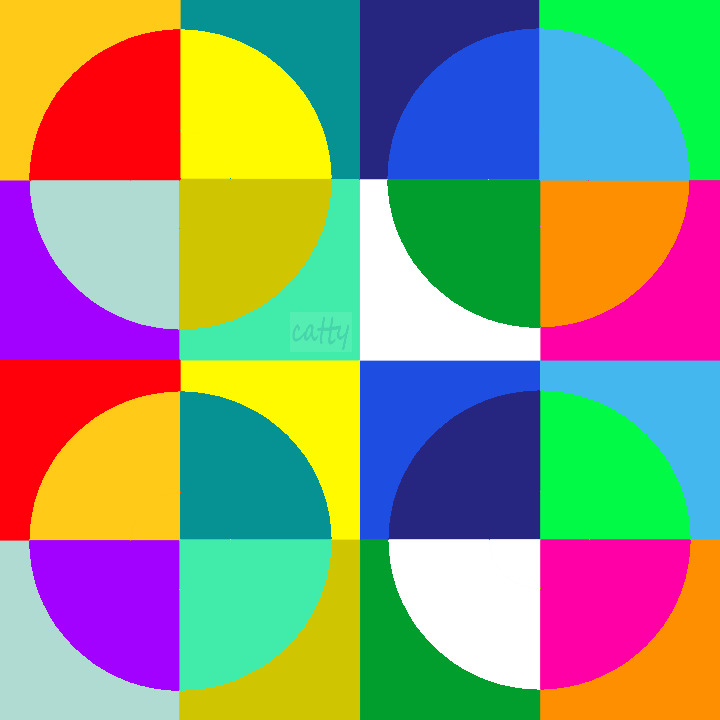 Abstract geometric art with four segmented circles in bright colors arranged in a 2x2 grid