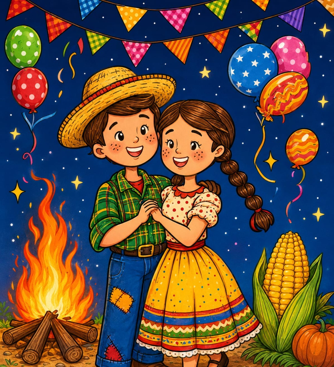 Boy and girl in Festa Junina outfits dancing by a bonfire with colorful flags and balloons