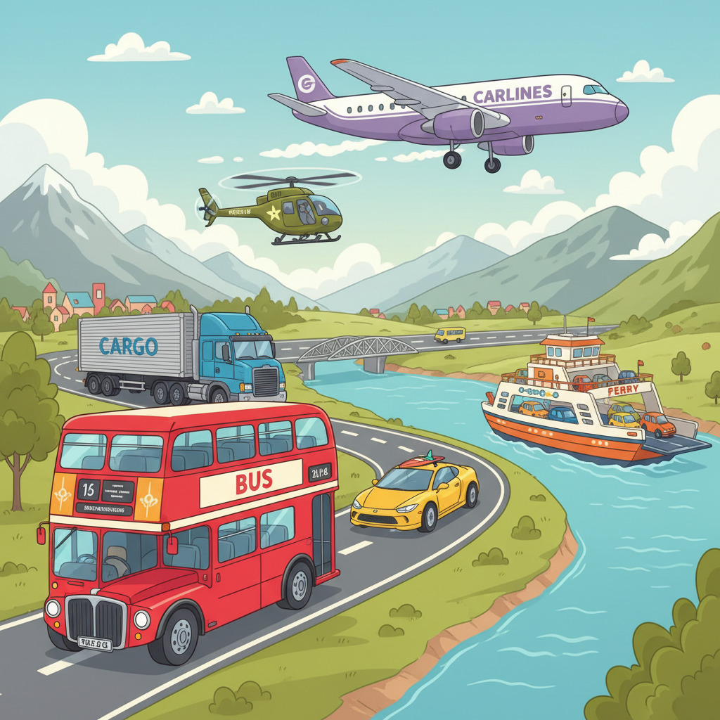 Cartoon landscape with airplane, bus, truck, boat, helicopter, and car traveling through mountains and waterways