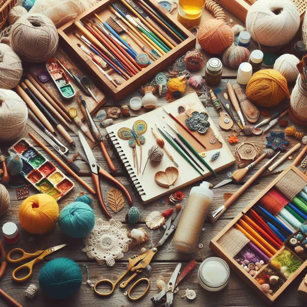 Colorful craft supplies including yarn, pencils, paint, scissors, beads, and paper arranged on a table