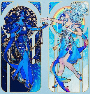 Art nouveau style illustration of two graceful figures with celestial motifs, stars, moons, and rainbows in blue hues