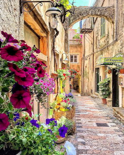 Narrow cobblestone alley with colorful potted flowers, stone archway, and warm sunlit buildings in a Mediterranean village