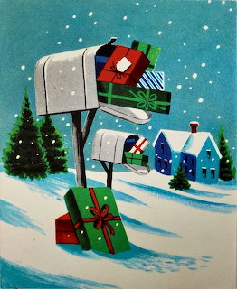 Vintage Christmas illustration of a mailbox stuffed with wrapped presents in a snowy village scene