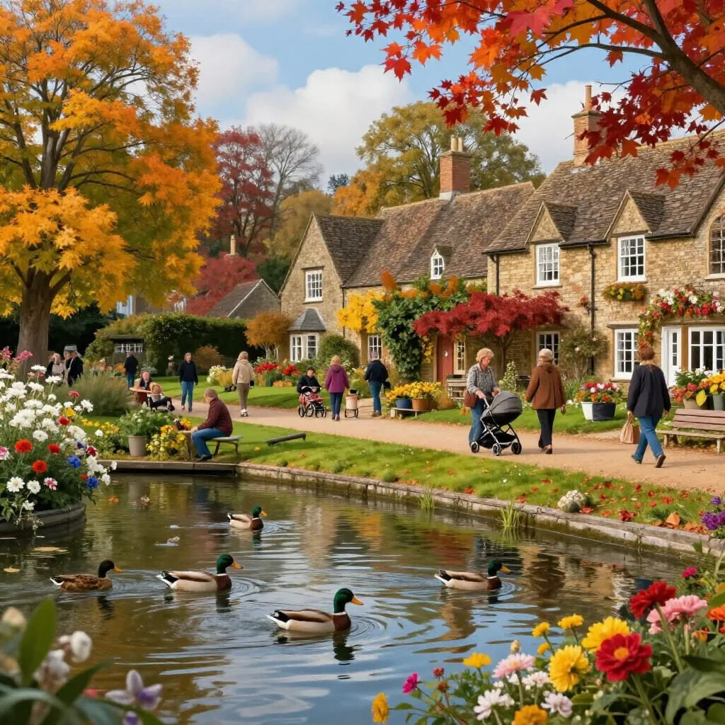 Stone cottages beside a pond with ducks, surrounded by vibrant autumn trees and flowers, people walking in a village setting