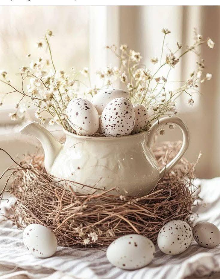 White pitcher with speckled Easter eggs and spring branches in rustic nest