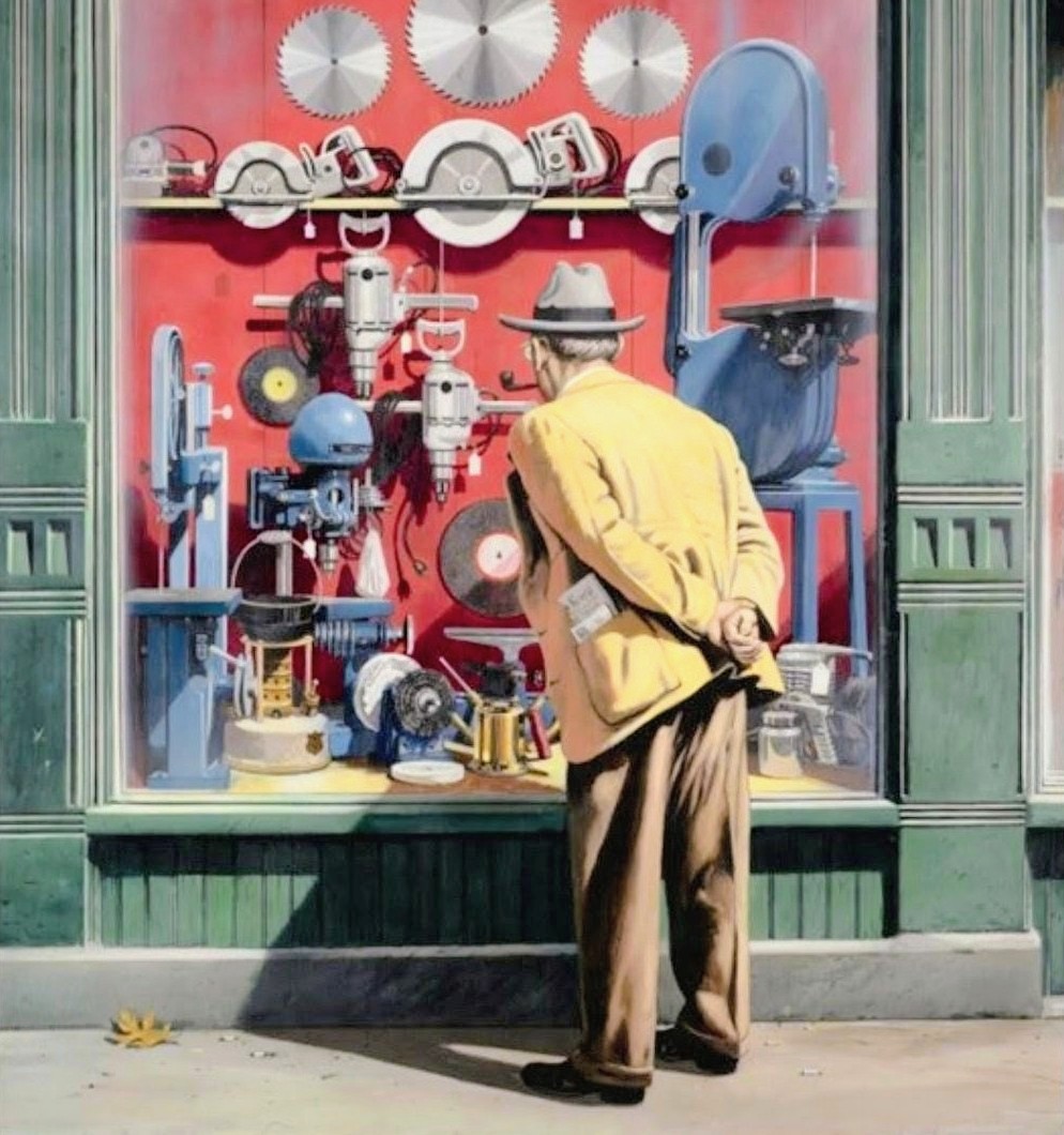 Vintage illustration of a man looking into a hardware store window display of tools and machinery