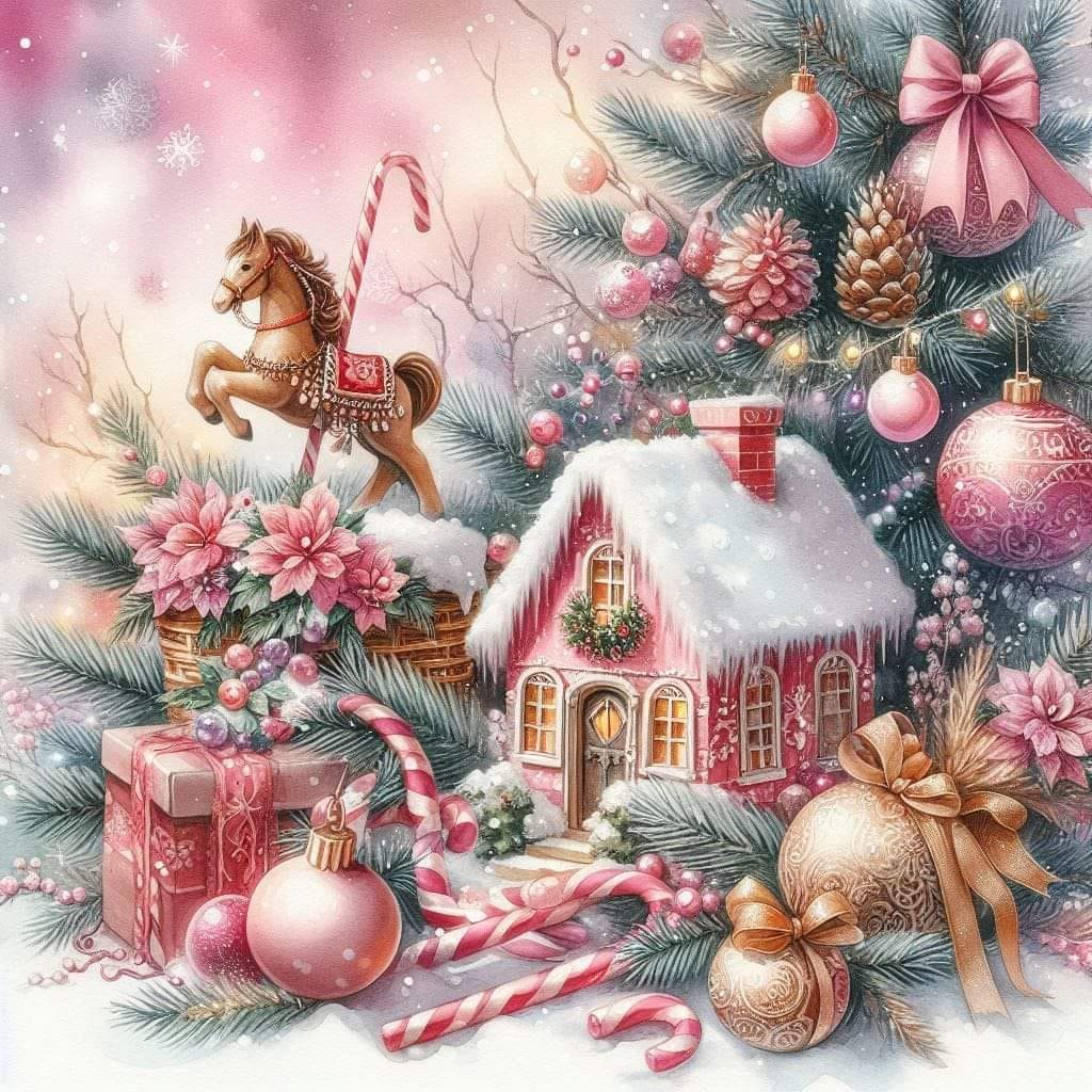 Pastel Christmas scene with cottage, tree, ornaments, rocking horse, and holiday decorations in soft pink and white tones