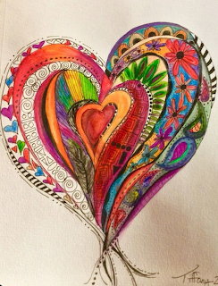 Colorful hand-drawn intertwined hearts with patterned swirls and floral details