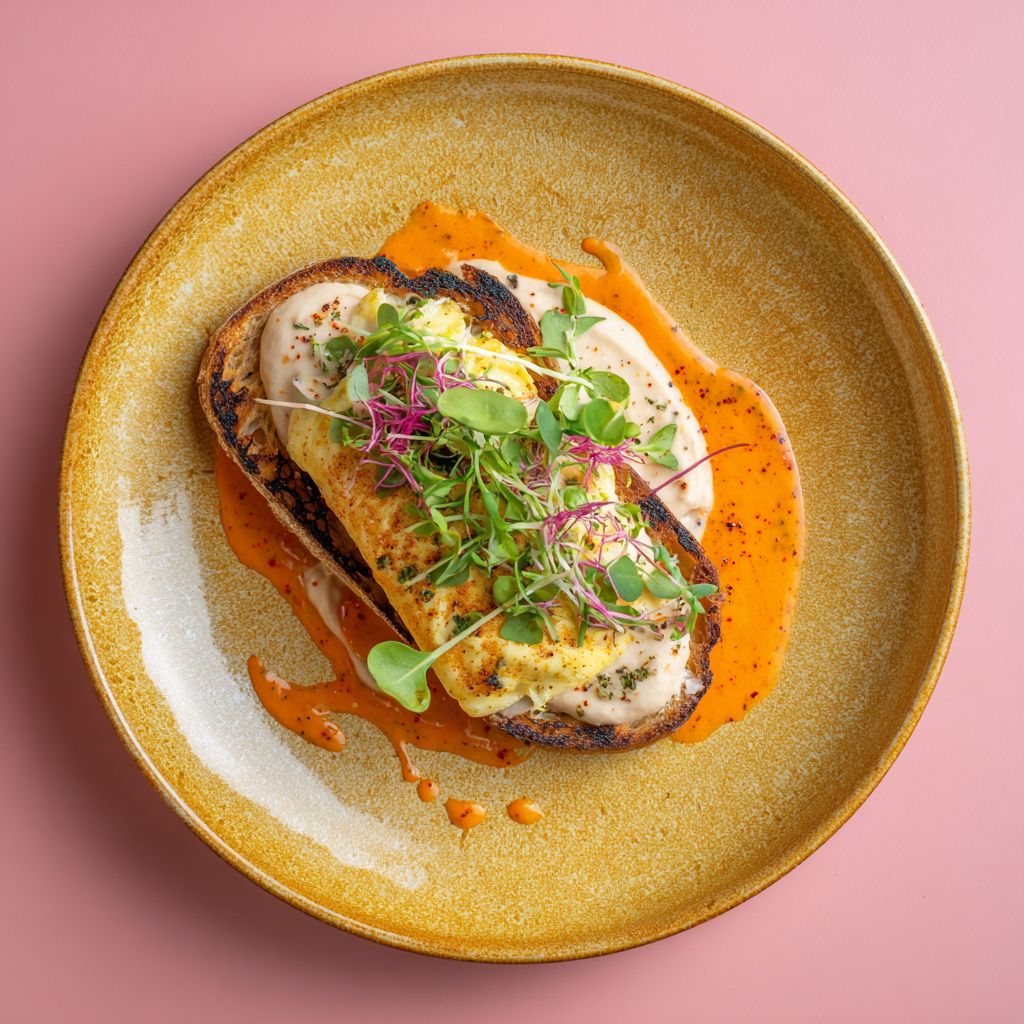 Grilled fish on toast with orange sauce and microgreens on a golden plate
