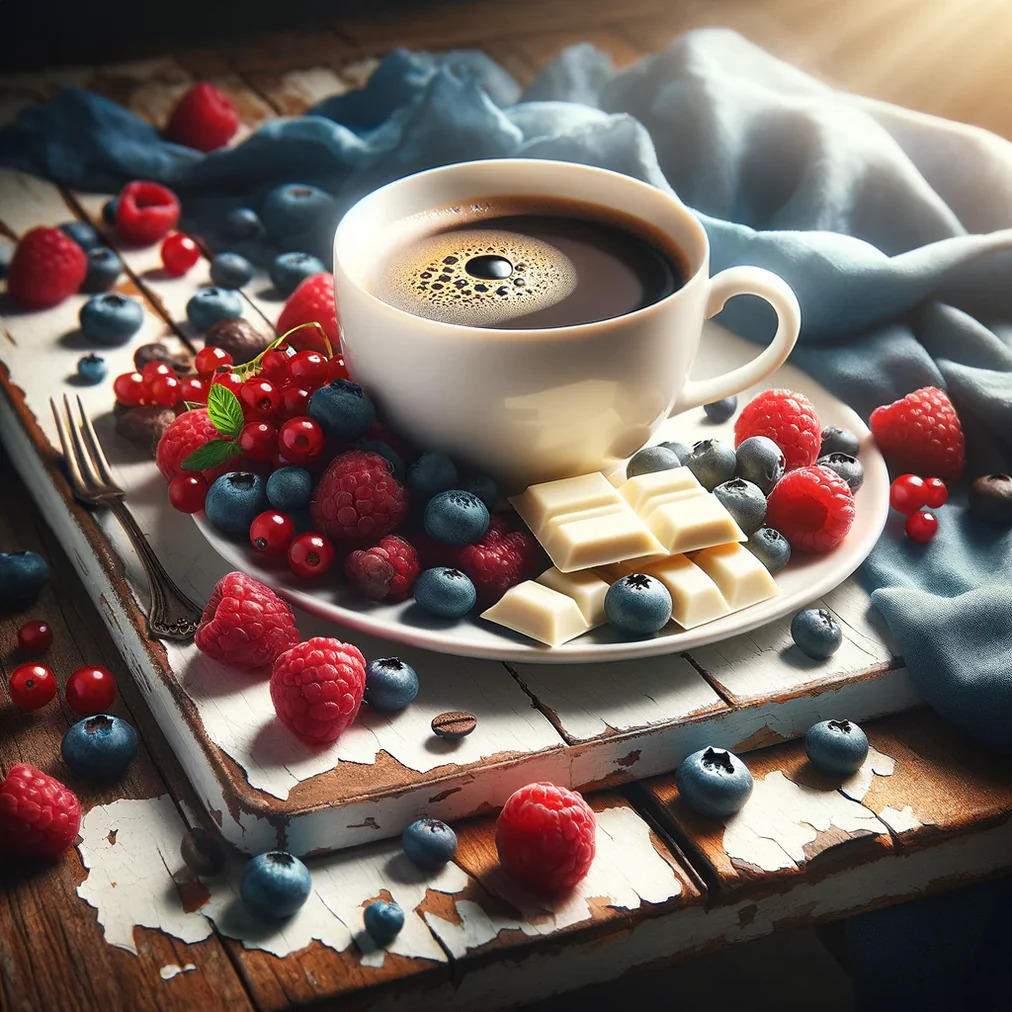 Cup of coffee with raspberries, blueberries, red currants, and white chocolate on a rustic board