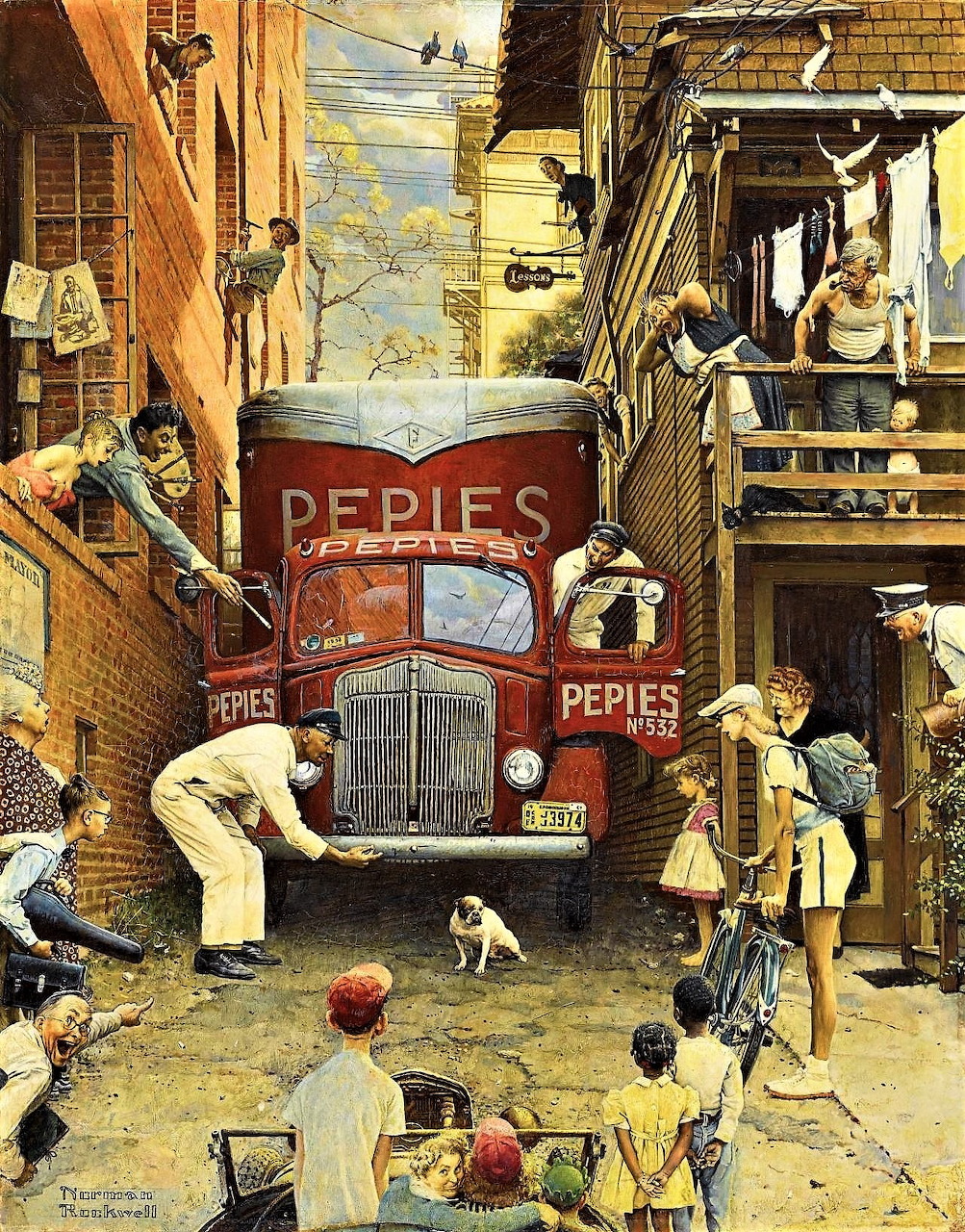 Painting of a bulldog blocking a delivery truck in a narrow alley with bystanders watching.