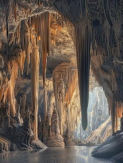 Cave interior with stalactites, stalagmites and rock formations above a calm pool of water