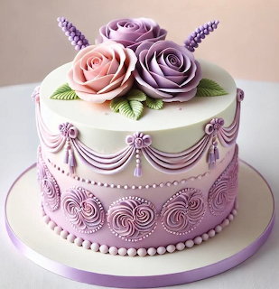 Two-tier decorated cake with purple and pink sugar roses, lavender sprigs, and ornate piped details
