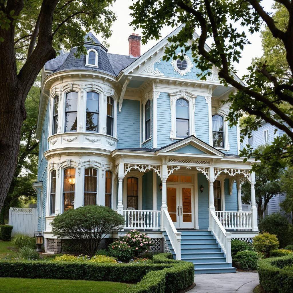 Light blue Victorian house with turret and decorative porch surrounded by trees and garden
