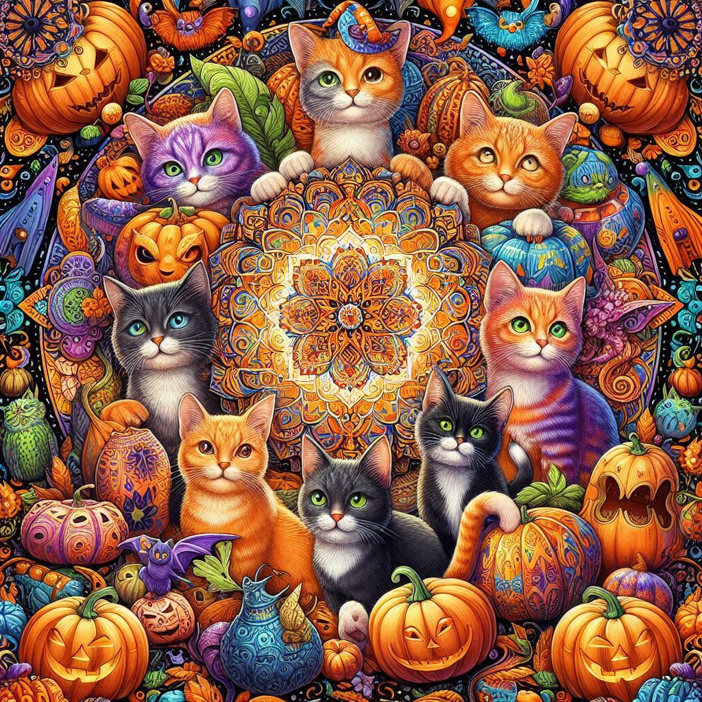 Ornate mandala center with cartoon kittens, Halloween pumpkins, and fall gourds in vivid colors