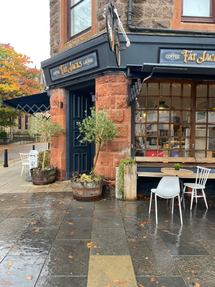 Exterior of a café with navy blue shopfront, barrel planters, outdoor white chairs, and autumn leaves on a wet pavement.