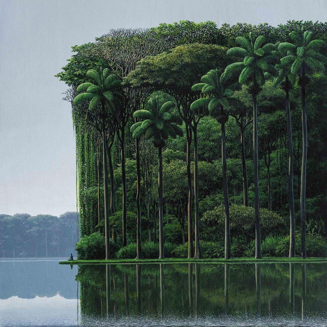 Painting of tall palm trees and dense forest reflected in a calm lake