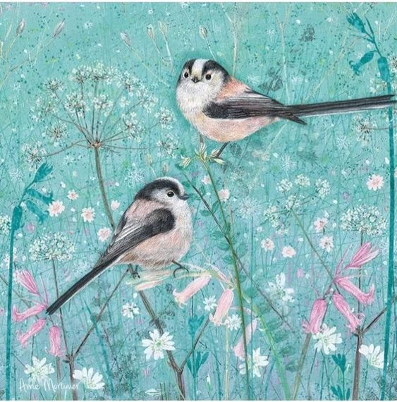 Two long-tailed tits among wildflowers on turquoise background