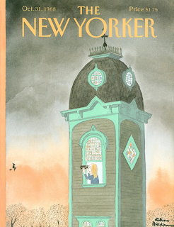 Vintage New Yorker cover showing a green clock tower beneath a cloudy sky with a lit window figure