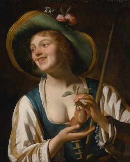 Baroque painting of shepherdess in wide hat with roses holding plums and staff