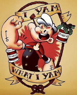 Popeye the Sailor Man cartoon character flexing with spinach cans on yellow background with 'I Yam What I Yam' banner
