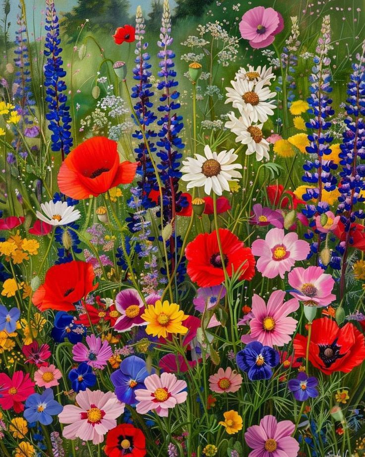 Dense colorful wildflower meadow with poppies, lupines, daisies and cosmos in full bloom