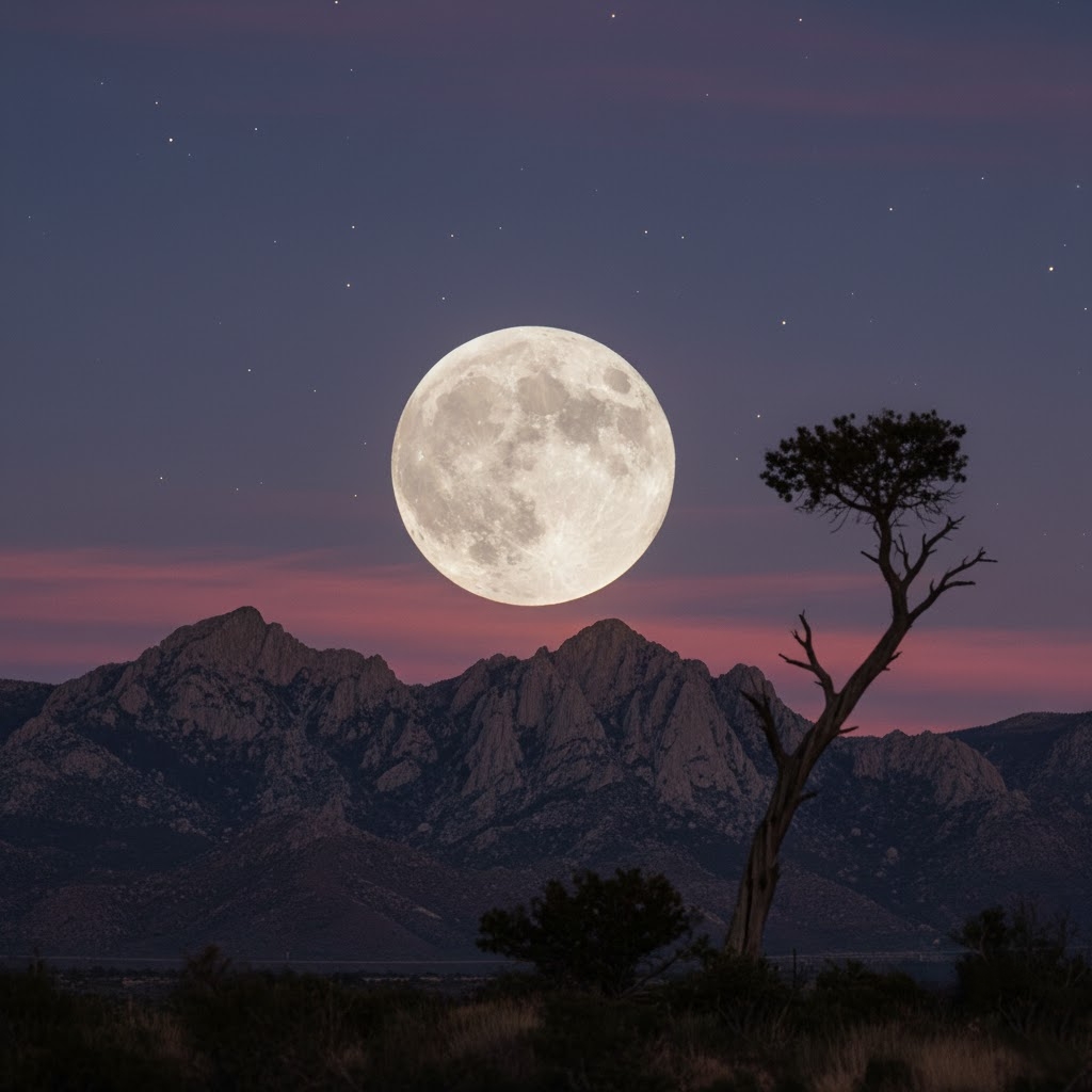 Full moon above mountain peaks at dusk with a silhouetted tree and faint stars