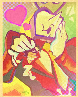 Stylized character with yellow face, red nose, and dynamic pose surrounded by hearts and geometric shapes in bright colors