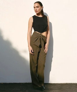 Gal Gadot standing against a plain wall in a black sleeveless top and olive pants