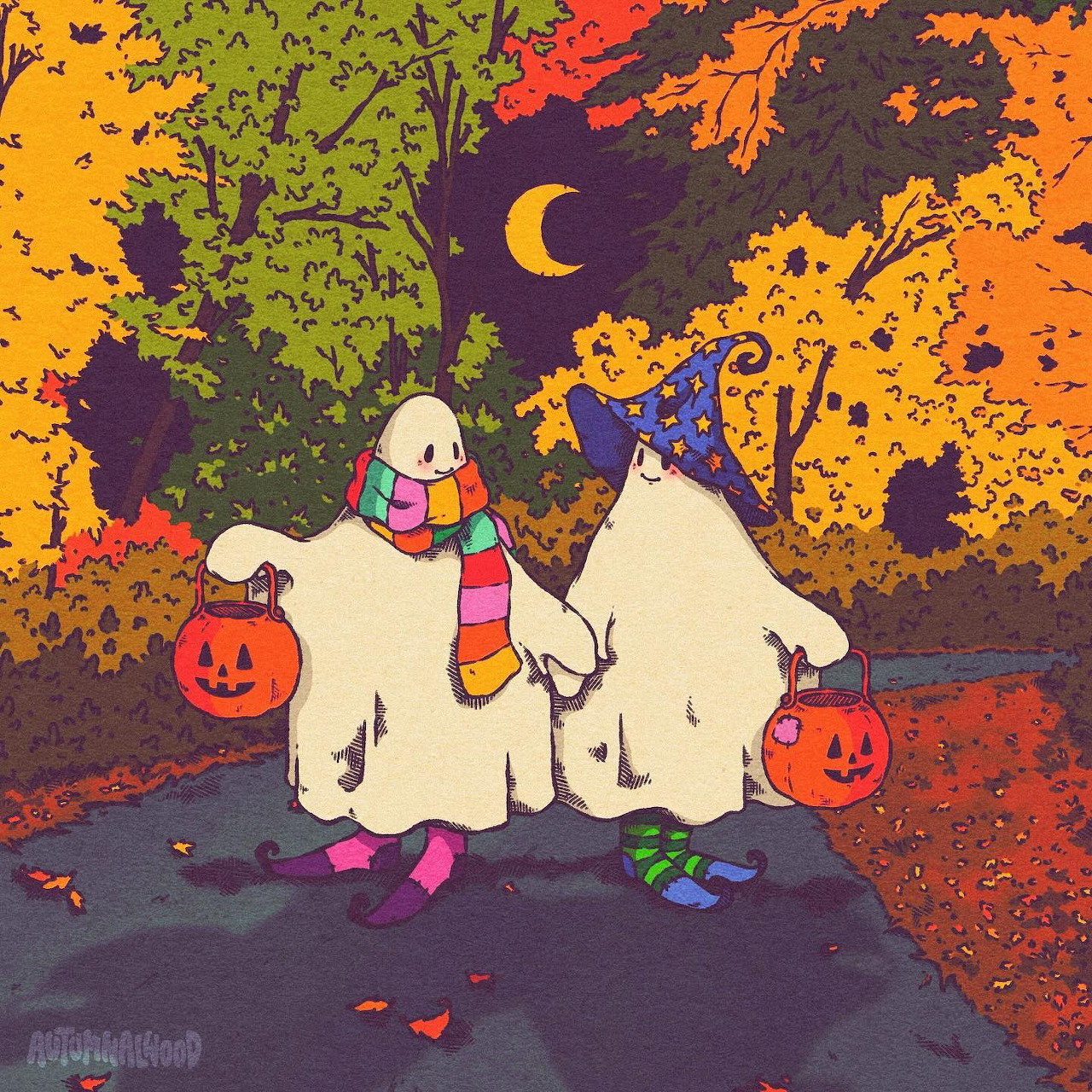 Two cute ghost characters holding pumpkin baskets in autumn night scene with colorful fall trees and crescent moon