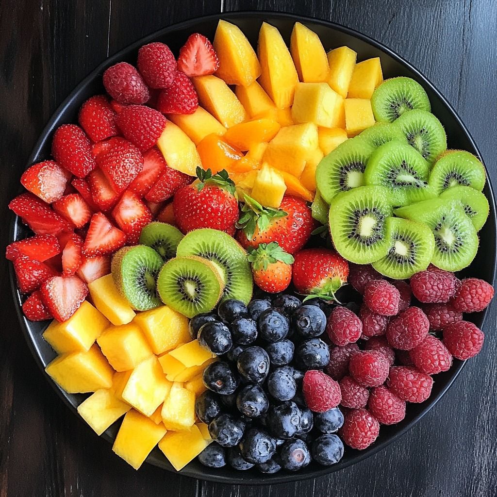 Round platter with strawberries, kiwi, mango, blueberries, and raspberries viewed from above