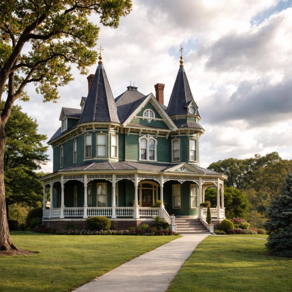 Green Victorian mansion with turrets, wraparound porch, lawn, and front walkway